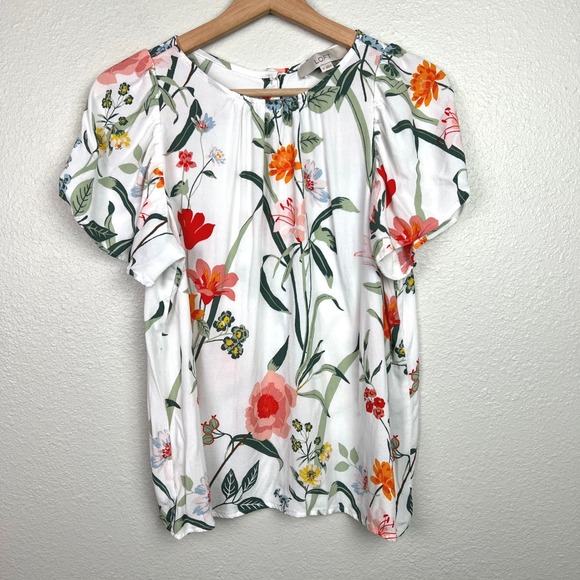 LOFT Tops - LOFT White Floral Puff-Sleeve Blouse
